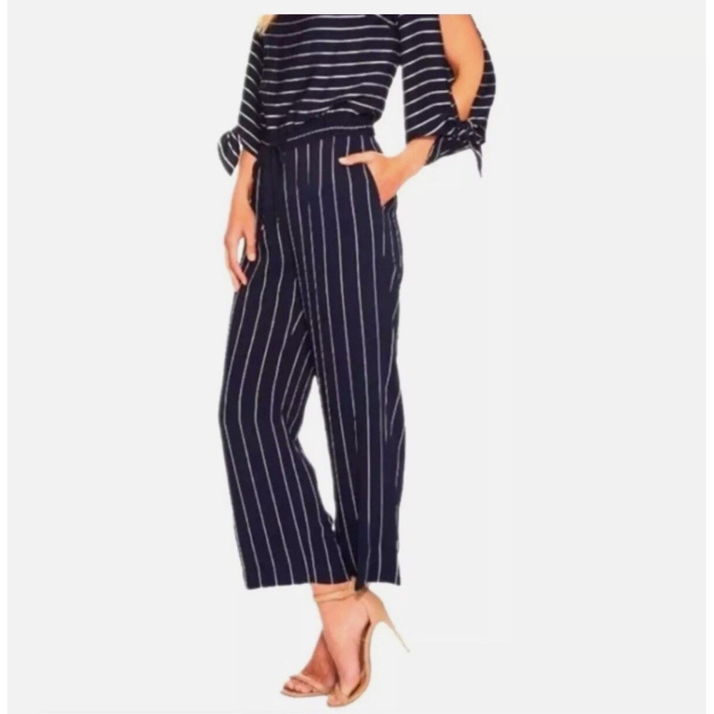 Lauren Ralph Lauren Womens 10 Navy White Striped Jumpsuit Split Tied Sleeve $248